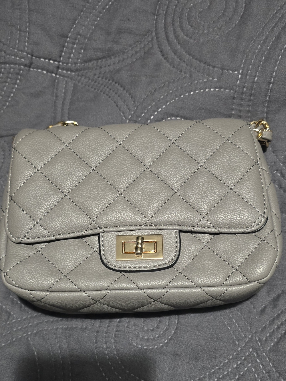 Quilted Gray Leather Crossbody Bag with Gold Turn-Lock